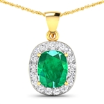 14K Yellow Gold 18" Chain Pendant 2.5 Carat Zambian Emerald (AA) Cushion - 1Pc + White Diamond F/C Round  0.51ct (Vault_Q) 