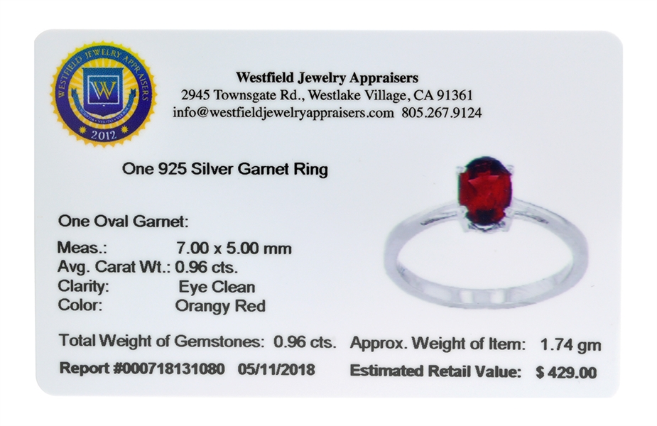 0.96CT Oval Cut Garnet Sterling Silver Ring