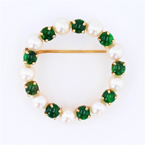 14KT Yellow Gold 1.50CT Emerald and Akoya Pearl Vintage Brooch or Gift -PNR-