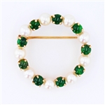 14KT Yellow Gold 1.50CT Emerald and Akoya Pearl Vintage Brooch or Gift -PNR-
