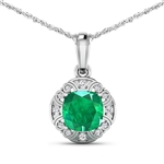 14K White Gold 18" Chain Pendant 2.07 Carat Zambian Emerald (AA) Cushion - 1Pc + White Diamond F/C Round  0.09ct (Vault_Q) 