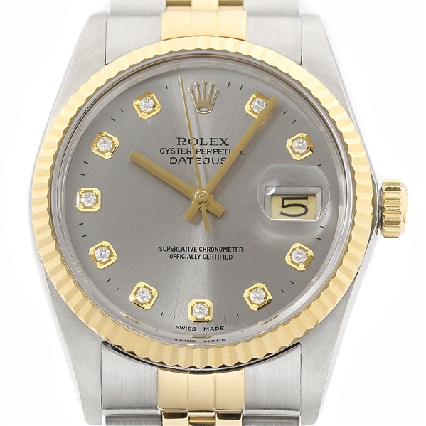  Rolex Mens Datejust 16013 18K Gold Steel Gray Diamond Dial Watch w_ Rolex Band (Vault_CC)