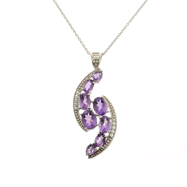 5.89CT Oval And Pear Cut Amethyst And 10 Round Cut White Topaz Sterling Silver Pendant With 18 Chain