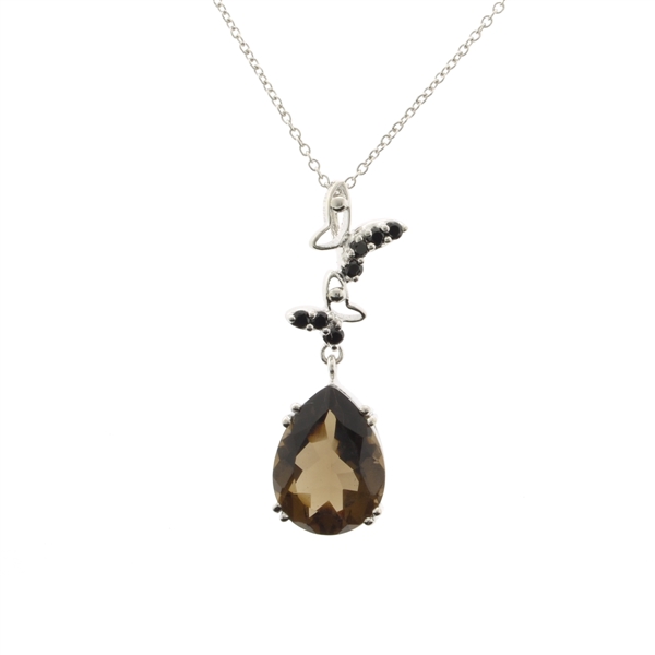 7.26CT Pear Cut Smoky Quartz And 7 Round Cut Spinel Sterling Silver Pendant With 18 Chain