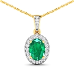 14K Yellow Gold 18" Chain Pendant 1 Carat Zambian Emerald (AA) Oval - 1Pc + White Diamond F/C Round  0.18ct (Vault_Q) 
