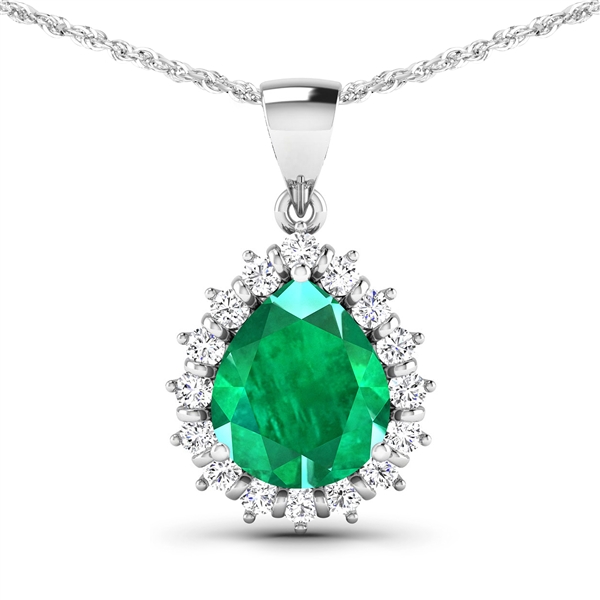 14K White Gold 18 Chain Pendant 2.85 Carat Zambian Emerald (AA) Pears - 1Pc + White Diamond F/C Round  0.48ct (Vault_Q) 