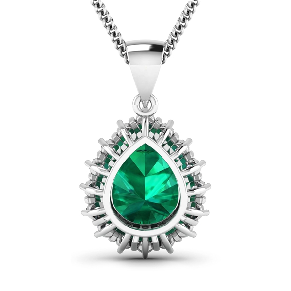 14K White Gold 18 Chain Pendant 2.85 Carat Zambian Emerald (AA) Pears - 1Pc + White Diamond F/C Round  0.48ct (Vault_Q) 