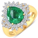 14K Yellow Gold #7 Size Ring 2.85 Carat Zambian Emerald (AA) Pears - 1Pc + White Diamond F/C Round  0.89ct (Vault_Q) 