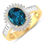 14K Yellow Gold #7 Size Ring 1.9 Carat London Blue Topaz Oval - 1Pc + White Diamond Baguette  0.52ct (Vault_Q) 