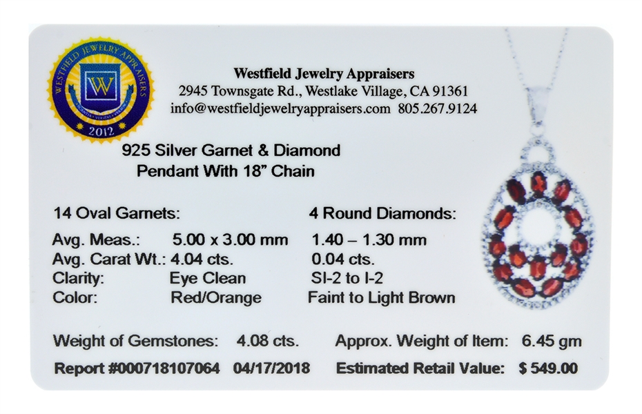 4.04CT Oval Cut Garnet And 4 Round Cut Diamonds Sterling Silver Pendant With 18 Chain