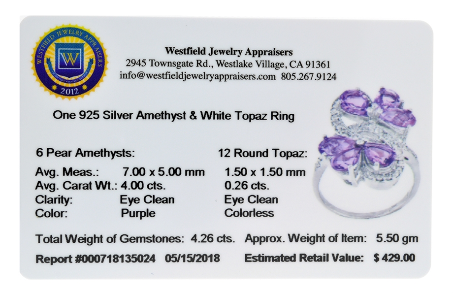 4.00CT Pear Cut Amethyst And 0.26CT Round Cut White Topaz Sterling Silver Ring