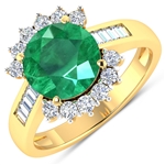 14K Yellow Gold #7 Size Ring 2.75 Carat Zambian Emerald (AA) Round - 1Pc + White Diamond Baguette  0.58ct (Vault_Q) 