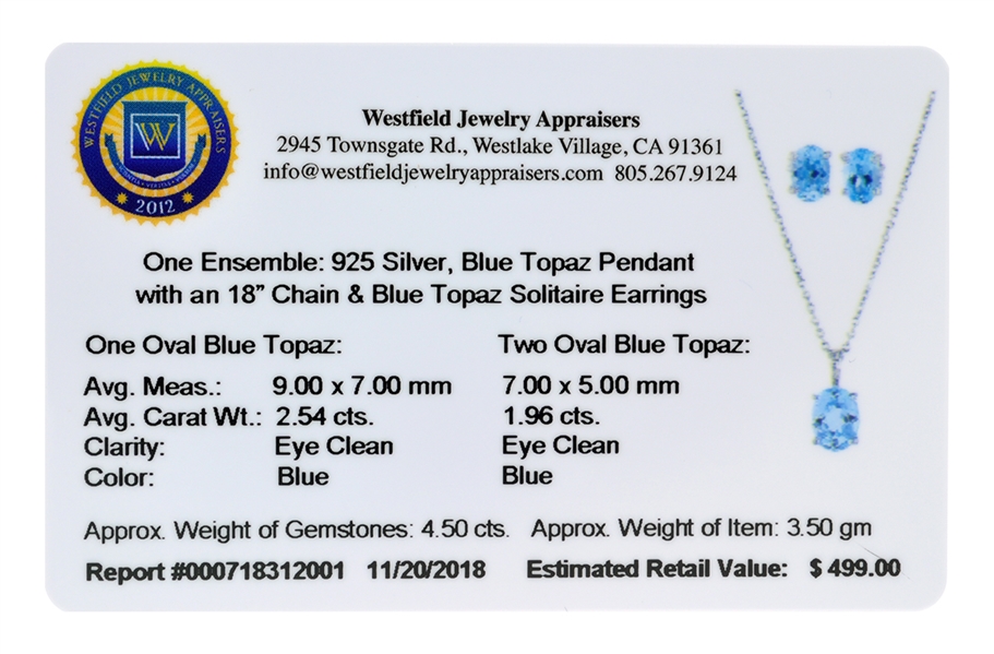 2.54 Oval Cut Blue Topaz Sterling Silver Pendant With 18 Chain And 1.96CT Oval Cut Blue Topaz Solitaire Earrings