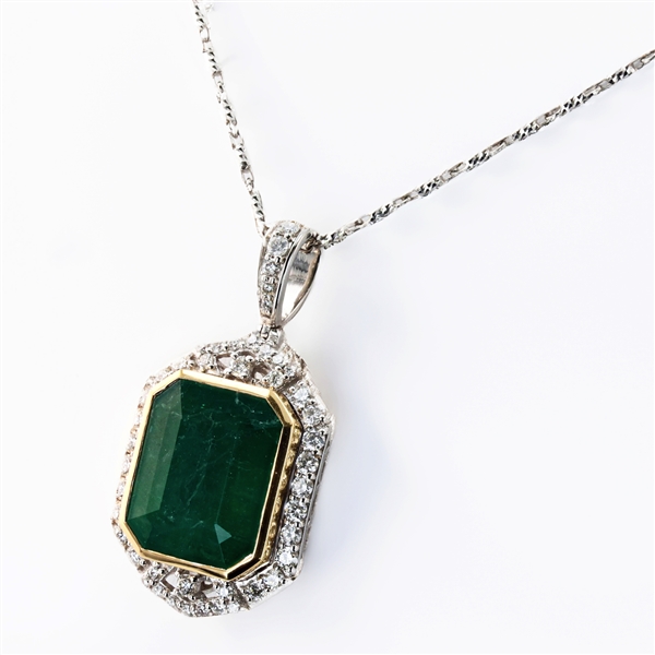 App: $25,740 9.18ct Emerald and 0.66ctw Diamond 18K Yellow and White Gold Pendant (Vault_R40)