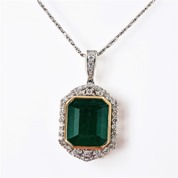 App: $25,740 9.18ct Emerald and 0.66ctw Diamond 18K Yellow and White Gold Pendant (Vault_R40)