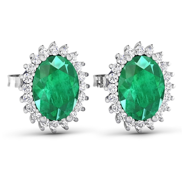 14K White Gold Earrings 2 Carat Zambian Emerald (AA) Oval - 2Pcs + White Diamond F/C Round  0.26ct (Vault_Q) 
