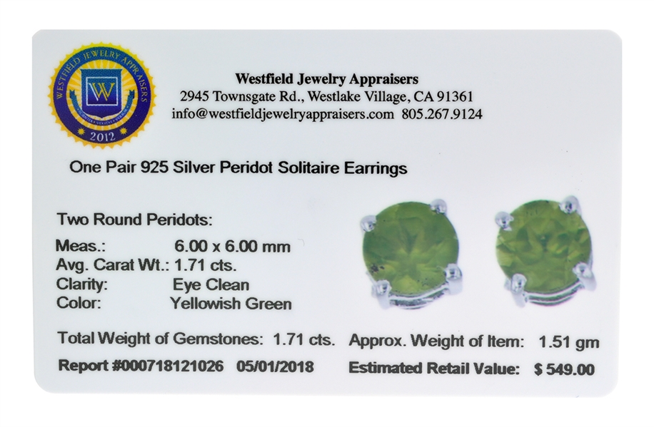 1.71CT Round Cut 925 Sterling Silver Peridot Solitaire Earrings