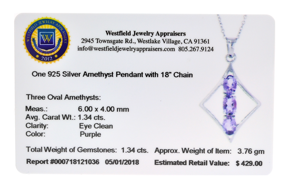 1.34CT Oval Cut 925 Sterling Silver Amethyst Pendant with 18 Chain