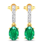 14K Yellow Gold Earrings 1.12 Carat Zambian Emerald (AA) Oval - 2Pcs + White Diamond F/C Round  0.14ct (Vault_Q) 
