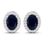 14K White Gold Earrings 1.5 Carat Blue Sapphire (AA) Oval - 2Pcs + White Diamond F/C Round 0.26ct (Vault_Q) 