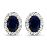 14K Yellow Gold Earrings 1.5 Carat Blue Sapphire (AA) Oval - 2Pcs + White Diamond F/C Round 0.26ct (Vault_Q) 