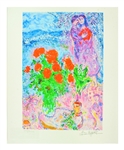 MARC CHAGALL Red Bouquet with Lovers Mini Print 10in x 12in, with Certificate LXVII of CCLXXV