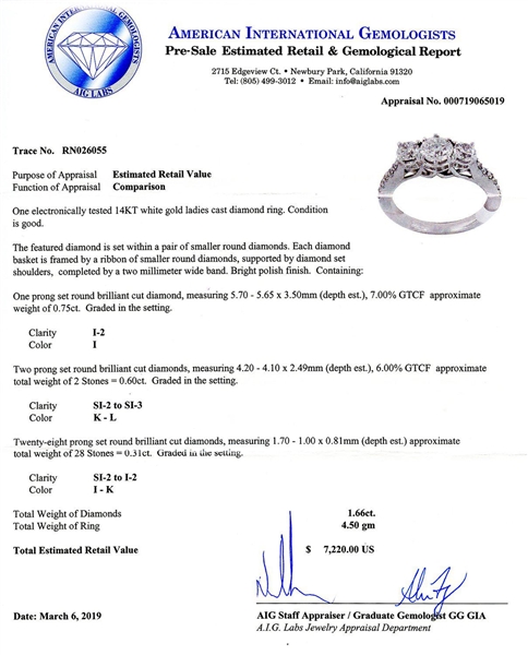 App: $7,220 1.66ctw Diamond 14K White Gold Ring (Vault_R40)