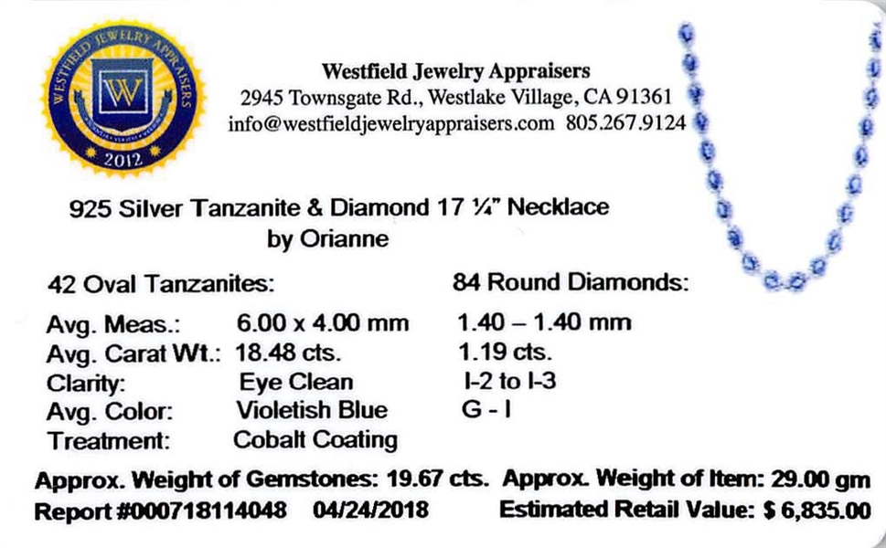 App: $6,835 18.48ctw Tanzanite and 1.19ctw Diamond Silver Necklace (Vault_R40)