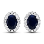 14K White Gold Earrings 1.5 Carat Blue Sapphire (AA) Oval - 2Pcs + White Diamond F/C Round  0.288ct (Vault_Q) 