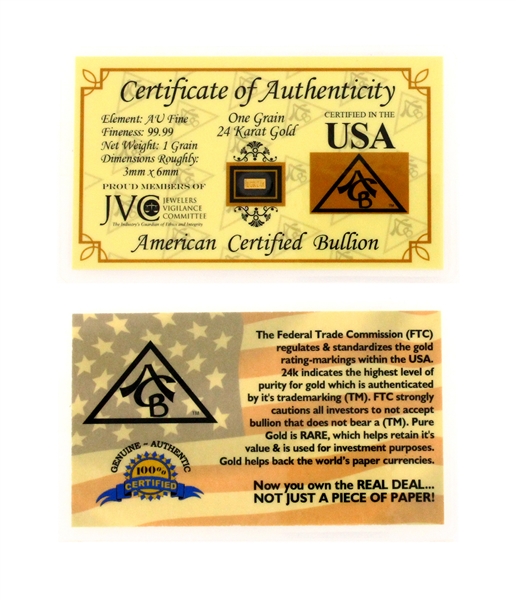 2016 1 Grain 24KT American Certified Bullion 99.99 purity Gold Bar