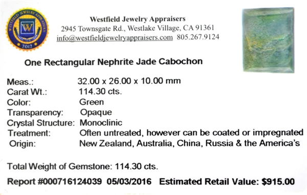 114.30CT Rectangular Cut Cabochon Nephrite Jade Gemstone