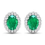 14K White Gold Earrings 1.12 Carat Zambian Emerald (AA) Oval - 2Pcs + White Diamond F/C Round  0.288ct (Vault_Q) 