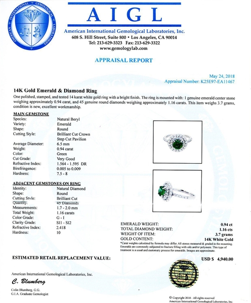 App: $4,940 0.94ct Emerald and 1.16ctw Diamond 14K White Gold Ring (Vault_R41) 