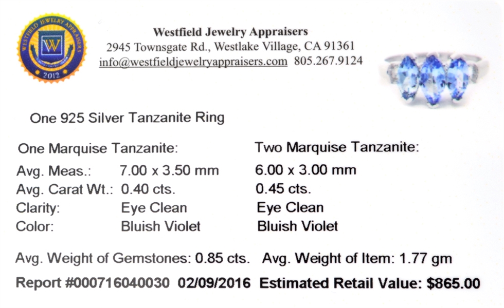 0.40CT Marquise Cut Tanzanite And Sterling Silver Ring