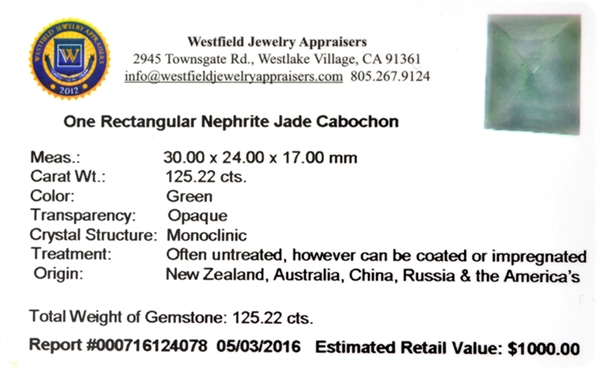 125.22CT Rectangular Cut Cabochon Nephrite Jade Gemstone