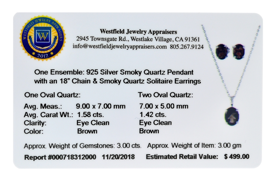 1.58 Oval Cut Smoky Quartz Sterling Silver Pendant With 18 Chain And 1.42CT Oval Cut Smoky Quartz Solitaire Earrings