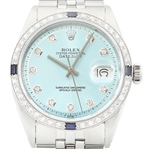  Rolex Mens Datejust Diamond Sapphire Bezel 18K White Gold Steel Ice Blue Watch (Vault_CC)