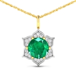 14K Yellow Gold 18" Chain Pendant 1.8 Carat Zambian Emerald (AA) Round - 1Pc + White Diamond F/C Round  0.14ct (Vault_Q) 