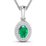 Gorgeous 14K White Gold 0.56CT Oval Cut Zambian Emerald and White Diamond Pendant w/ 18 Chain - Great Investment - (Vault_Q) (QP9063WD-14KW-SM-ZE)