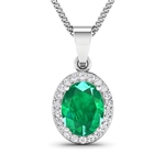 Gorgeous 14K White Gold 1.65CT Oval Cut Zambian Emerald and White Diamond Pendant w/ 18 Chain - Great Investment - (Vault_Q) (QP12209WD-14KW-SM-ZE)