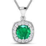 Gorgeous 14K White Gold 2.00CT Cushion Cut Zambian Emerald and White Diamond Pendant w/ 18 Chain - Great Investment - (Vault_Q) (QP12196WD-14KW-SM-ZE)
