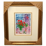 Chagall (After) Red Bouquet & Lovers Framed Giclee-Ltd Edn