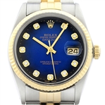  Rolex Mens Datejust 16013 18K Gold SS Blue Vignette Diamond Watch w_ Rolex Band (Vault_CC)