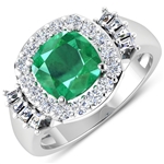 14K White Gold #7 Size Ring 2.07 Carat Zambian Emerald (AA) Cushion - 1Pc + White Diamond Tapper Baguette  0.73ct (Vault_Q) 