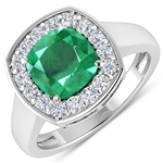 14K White Gold #7 Size Ring 2.07 Carat Zambian Emerald (AA) Cushion - 1Pc + White Diamond F/C Round  0.48ct (Vault_Q) 
