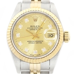  Rolex Ladies Datejust 69173 18K Gold Steel Champagne Diamond Dial Two Tone Watch (Vault_CC)