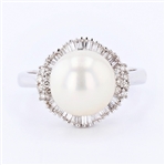 18K White Gold 10mm Cultured Pearl and Diamond Ring -PNR-