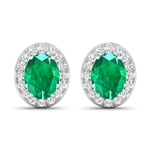 14K White Gold Earrings 2 Carat Zambian Emerald (AA) Oval - 2Pcs + White Diamond F/C Round  0.448ct (Vault_Q) 