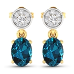 14K Yellow Gold Earrings 1.4 Carat London Blue Topaz Oval - 2Pcs + White Diamond F/C Round  0.11ct (Vault_Q) 