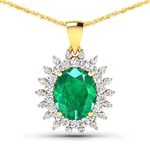 14K Yellow Gold 18" Chain Pendant 3.14 Carat Zambian Emerald (AA) Oval - 1Pc + White Diamond F/C Round  0.792ct (Vault_Q) 